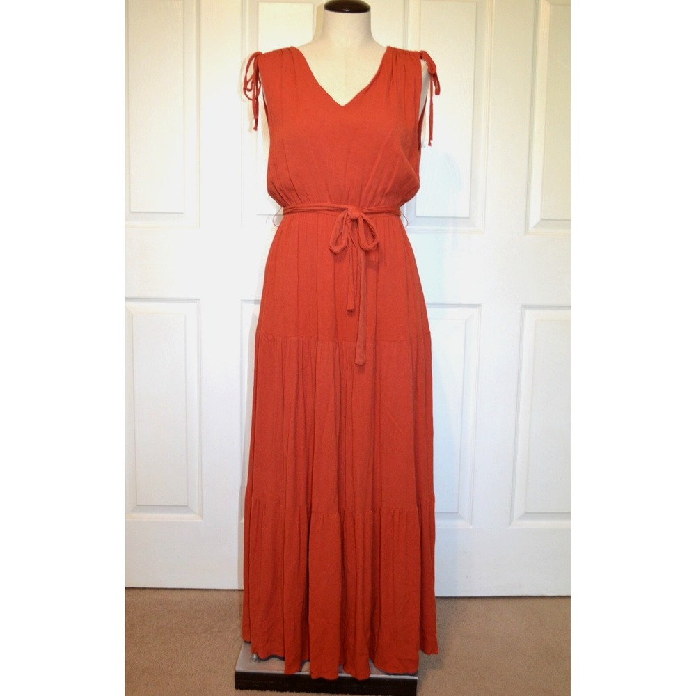Mittoship Long Dress Cottagecore Women's Size S Burnt Orange Sleeveless‎ Belt